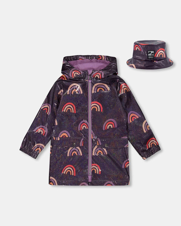 Printed Rain Coat With Hat Rainbow On Shiny Background Outerwear Deux par Deux 