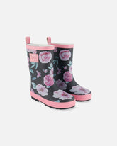Bottes de pluie imprimées roses et noires à fleurs
