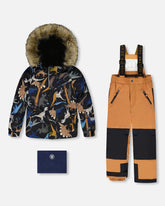 Habit de neige deux pièces PLAY brun avec manteau imprimé dinosaures
