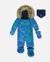 Combinaison de neige BABY PLAY conçue pour siège d’auto dégradé bleu imprimé dinosaures