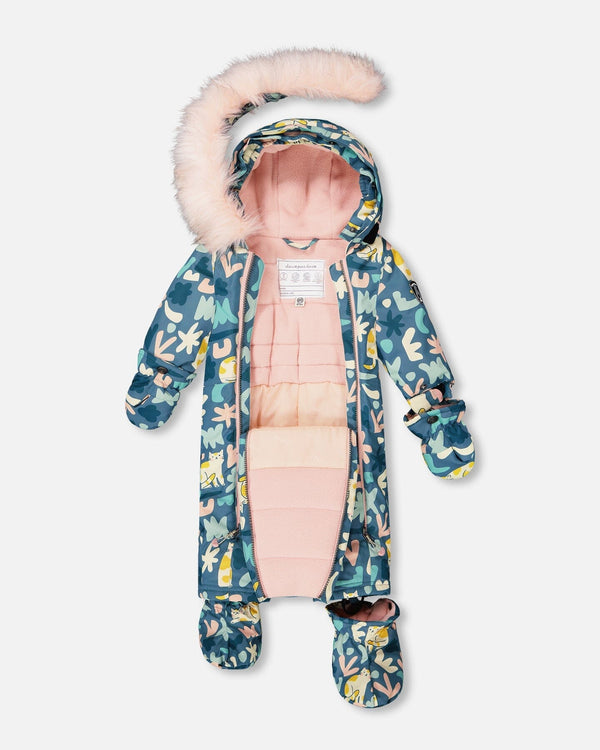 One-Piece Baby Play Snowsuit Designed For Car Seat Green Cat Print - H10PBG74_006