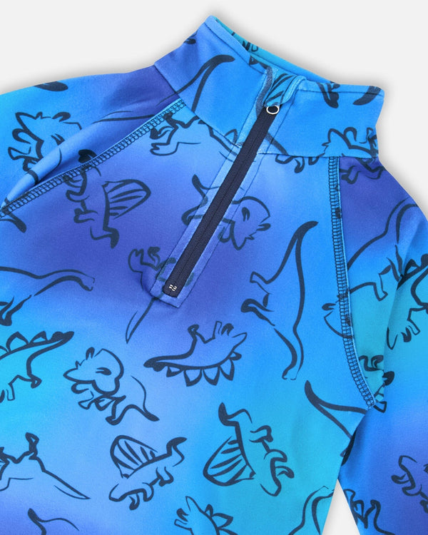 Two-Piece Thermal Underwear Set Blue Gradient Dinosaur Print - H10Y600_027