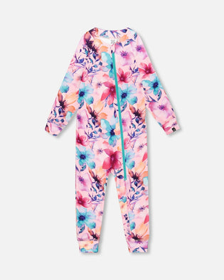 One-Piece Thermal Underwear Pink Watercolor Flower Print - H10Y700_012