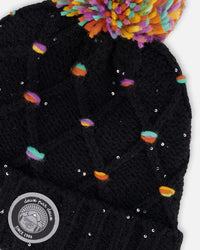 Lined Knit Pompom Hat Black And Multicolor With Little Sequins - H10Z02_000