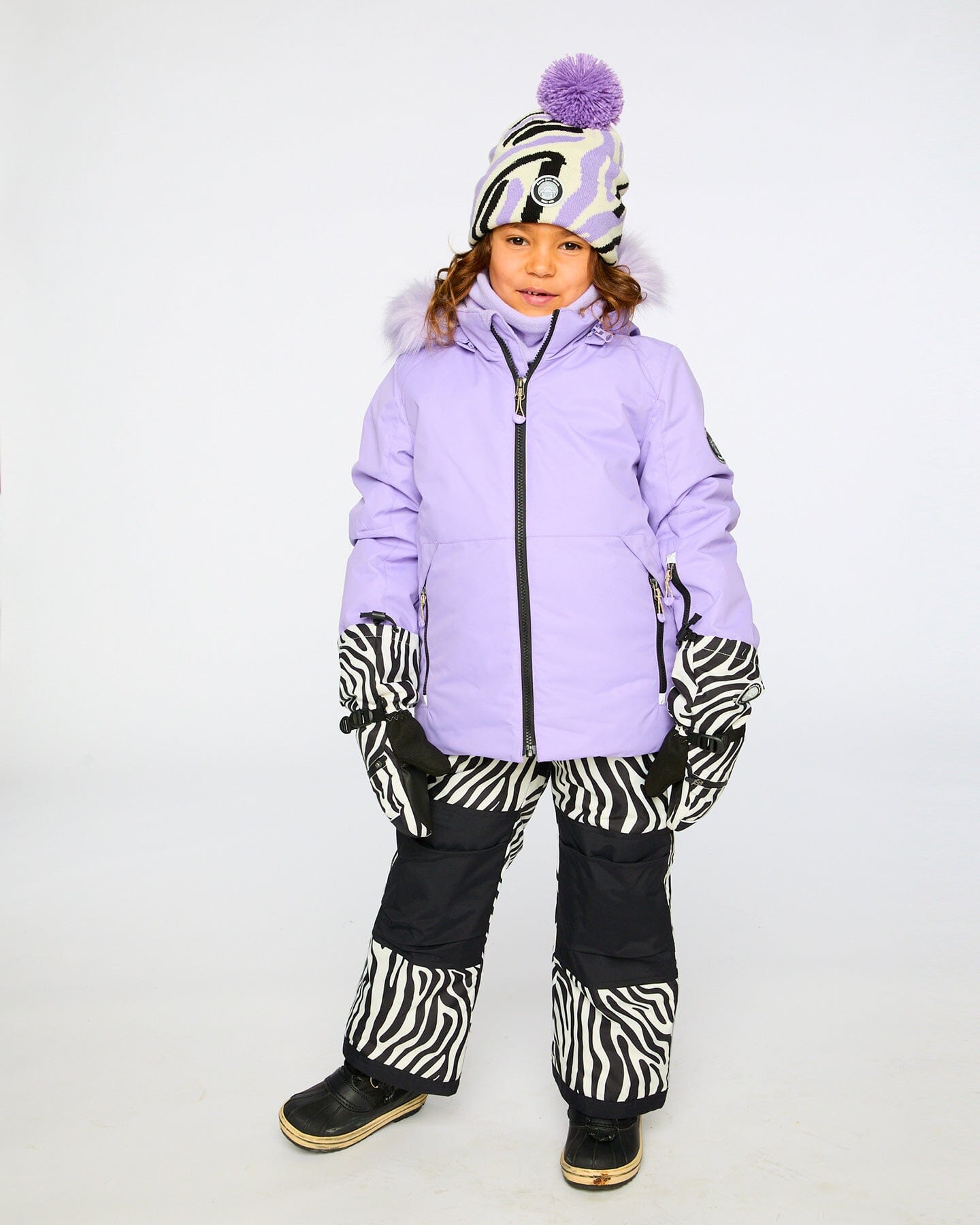 Lined Knit Pompom Hat Black, White And Lilac Winter Accessories Deux par Deux 