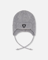Bonnet tricoté doublé avec oreilles et cordons gris chiné pour bébé