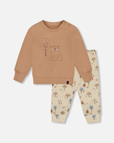 Ensemble pantalon et haut beige imprimé arbres en coton biologique