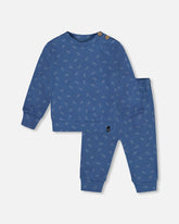 Ensemble pantalon et haut bleu imprimé feuilles en coton biologique