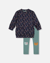 Ensemble tunique et leggings marine fleuris