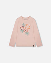 T-shirt manches longues en coton biologique rose pâle avec grandes fleurs