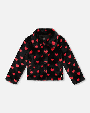 Faux Fur Short Coat Black And Red With Hearts - H20H50_000