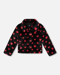 Faux Fur Short Coat Black And Red With Hearts - H20H50_000