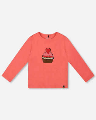 Organic Cotton T-Shirt Coral With Cupcake - H20H70_858