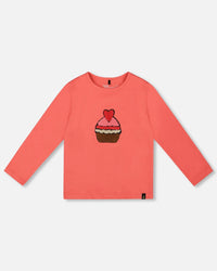 Organic Cotton T-Shirt Coral With Cupcake - H20H70_858