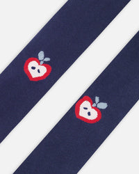 Knit Tights Navy Blue With Apples - H20IT_484