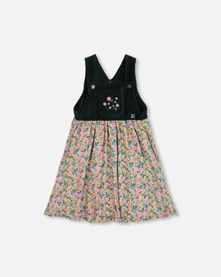 Bi-Material Overall Dress Green With Flower Print - H20J40_074
