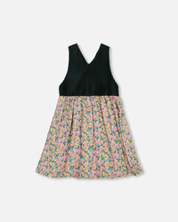 Bi-Material Overall Dress Green With Flower Print - H20J40_074