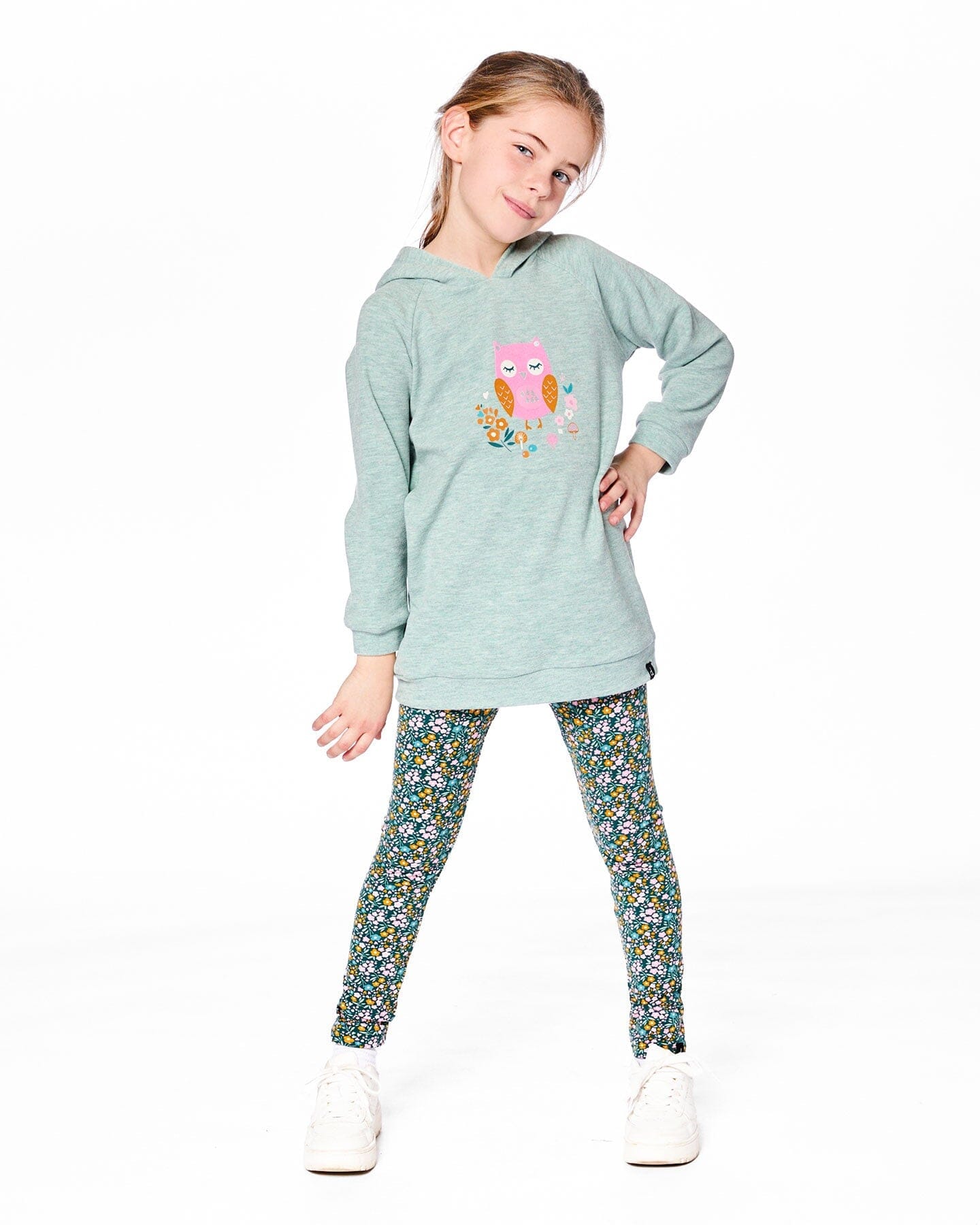 Hooded Tunic Sage Green With Owl Print - H20J78_340