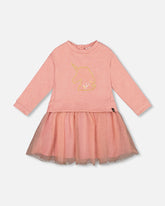 Robe bi-matière vieux rose avec jupe en tulle et licorne