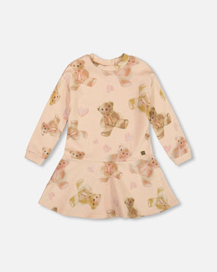 Glittering French Terry Dress Beige Teddy Bear Print - H20LG86_083