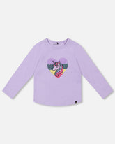 T-shirt manches longues en coton biologique lavande avec licorne en paillettes