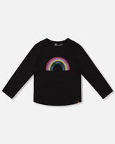 T-shirt manches longues en coton biologique noir avec arc-en-ciel en paillettes