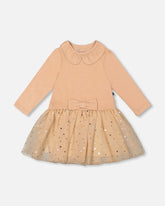 Robe bi-matière avec jupe scintillante beige