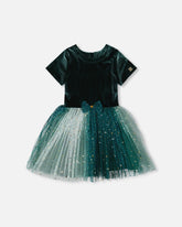 Robe de fête bi-matière à manches courtes vert forêt