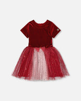 Robe de fête bi-matière à manches courtes rouge