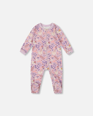 One-Piece Organic Cotton Pajama Lilac Cat Print - H20PA40US_008