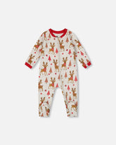 Pyjama une pièce beige imprimé rennes pour fille en coton biologique