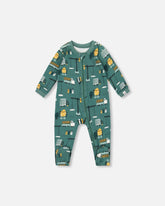 Pyjama une pièce sarcelle imprimé construction en coton biologique