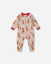 Pyjama une pièce beige imprimé rennes en coton biologique