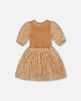 Robe bi-matière en velours et dentelle à manches bouffantes caramel clair