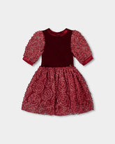 Robe bi-matière en velours et dentelle à manches bouffantes rouge