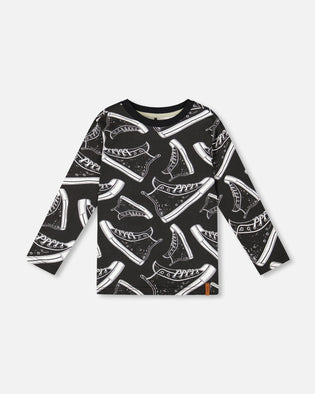 Long Sleeve Organic Cotton Allover Print Tee Black - H20U71_999