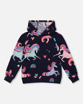 Sweat à capuchon en molleton marine imprimé licornes