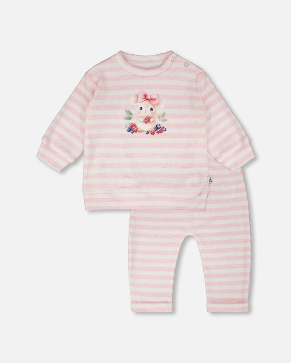 Cotton Jersey Top And Pants Set White And Pink Stripes - H30B15_3H189