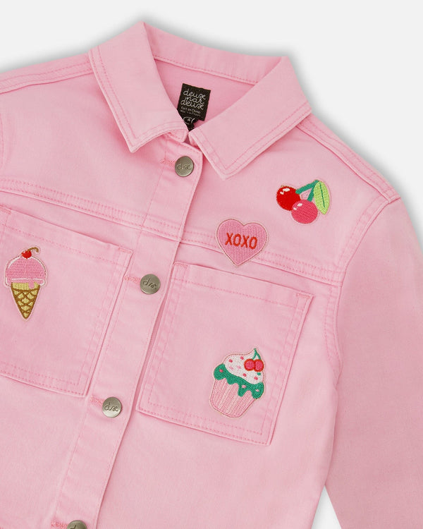 Pink Denim Jacket With Embroidered Patches - H30L50_06050