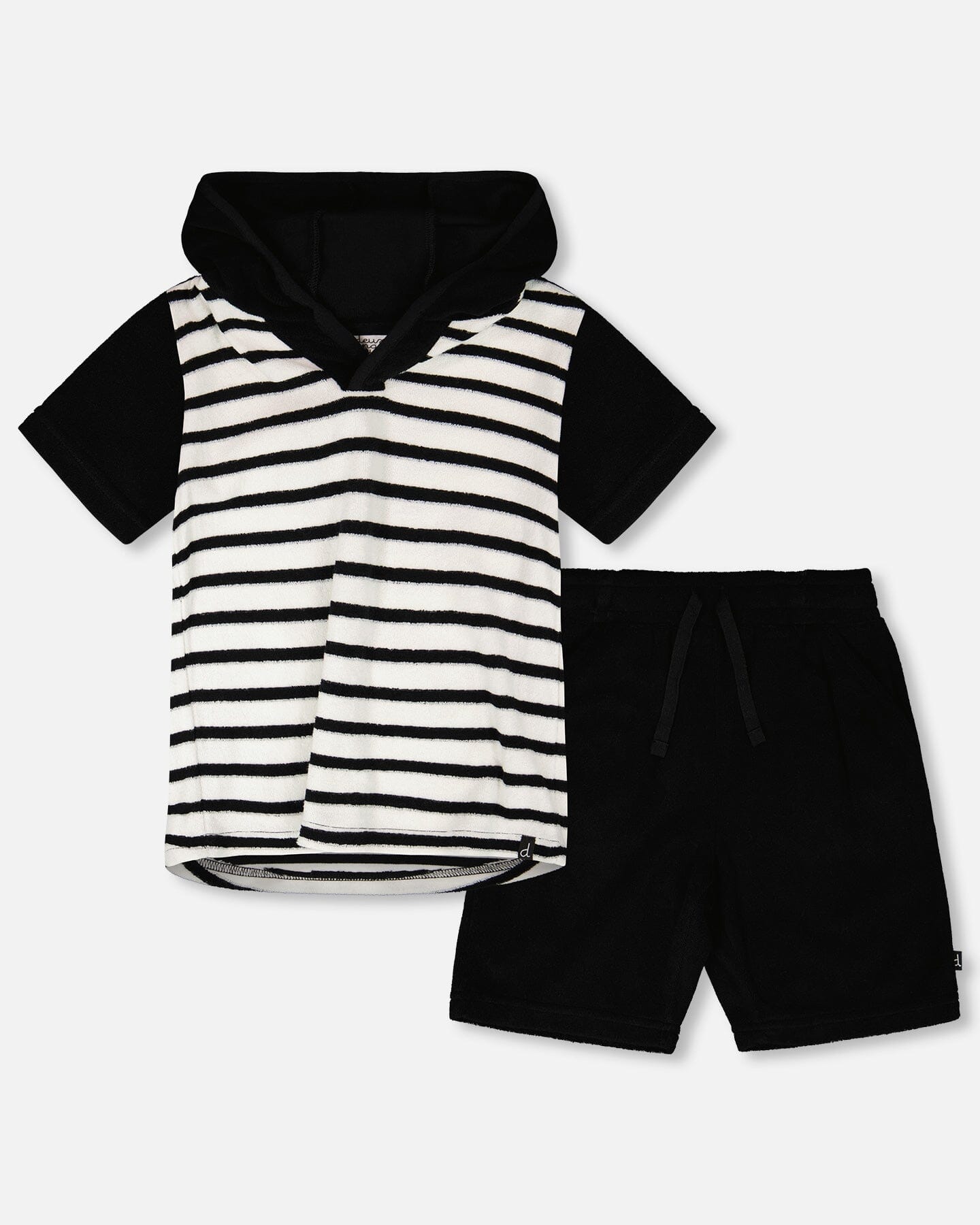 Hooded Terry T-Shirt With Shorts Set Black And White Stripes - H30OB12_04810