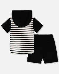 Hooded Terry T-Shirt With Shorts Set Black And White Stripes - H30OB12_04810