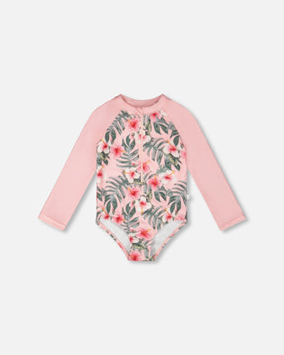 One-Piece Long Sleeve Rashguard Pink Hibiscus Print - H30OG21_3H152