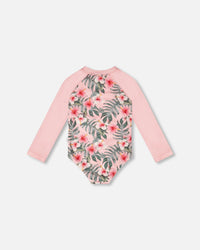 One-Piece Long Sleeve Rashguard Pink Hibiscus Print - H30OG21_3H152