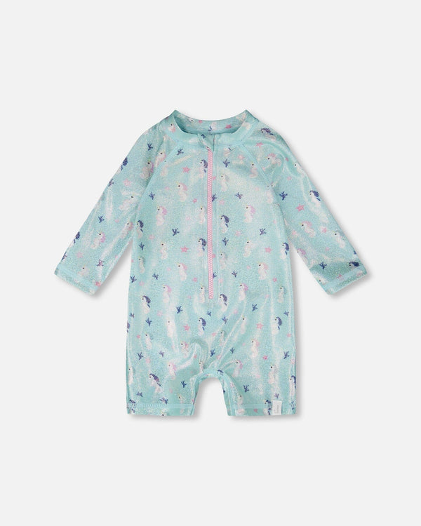 Baby And Toddler One-Piece Long Sleeve Rashguard Blue Seahorse Print - H30OG60_3H150