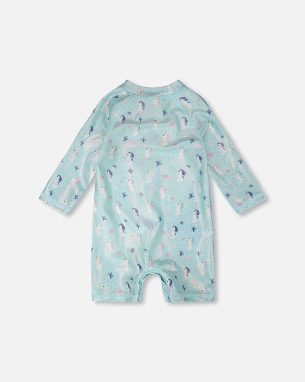 Baby And Toddler One-Piece Long Sleeve Rashguard Blue Seahorse Print - H30OG60_3H150