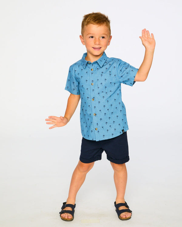 Short Sleeve Chambray Shirt Blue Palm Print - H30T15_3H103