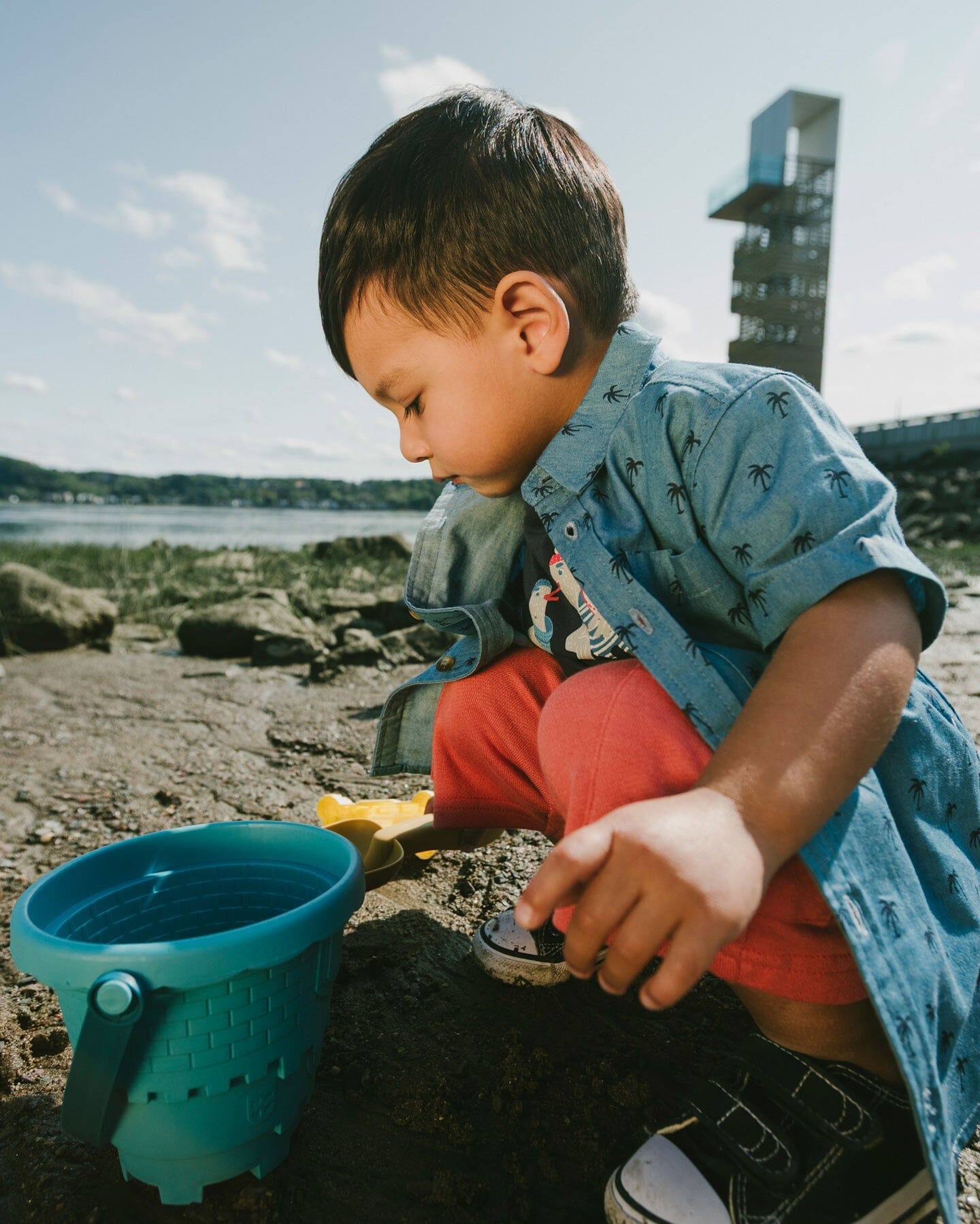 Short Sleeve Chambray Shirt Blue Palm Print - H30T15_3H103
