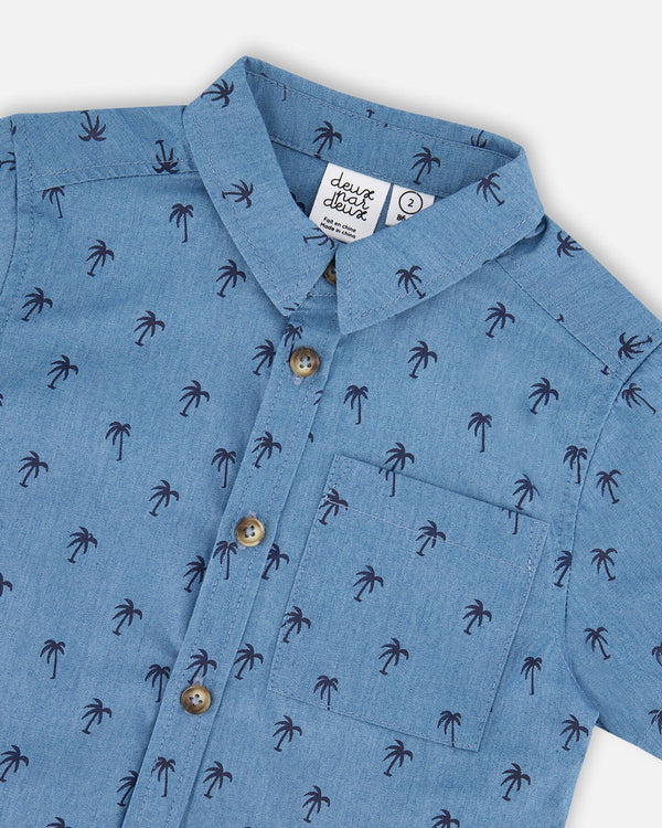 Short Sleeve Chambray Shirt Blue Palm Print - H30T15_3H103