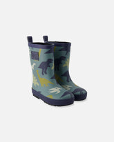 Rain Boots In Natural Rubber Green Dinosaur Print