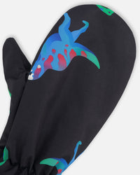 Mid-Season Mittens In Recycled Polyester Black Dinosaur Print - H30WM201_3H031